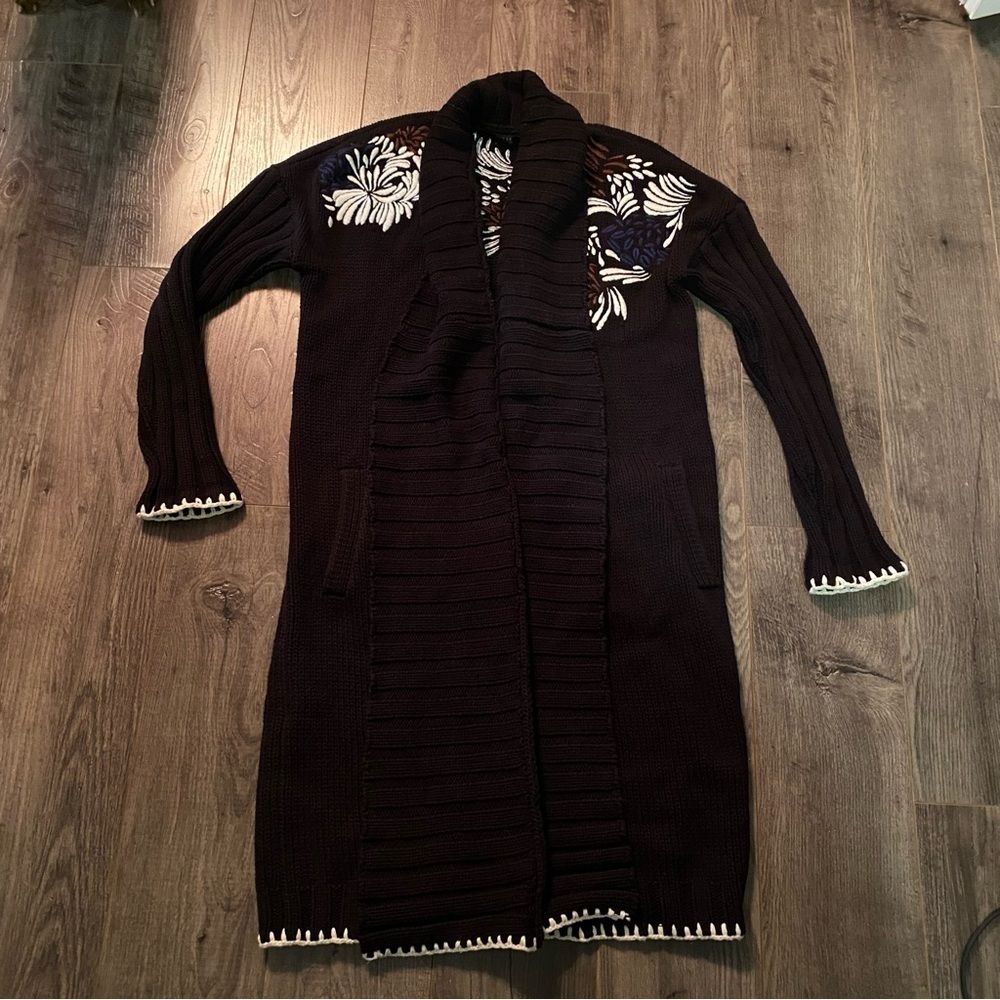 Guess knit long cardigan open front embroidered floral details heavy - Picture 2 of 16